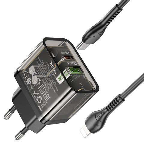 Сетевое зарядное устройство Hoco N34, 20 Вт, Power Delivery (PD), черный, прозрачный, c кабелем USB тип-C к Lightning для Apple, 2 порта, #6931474799173 Превью 4