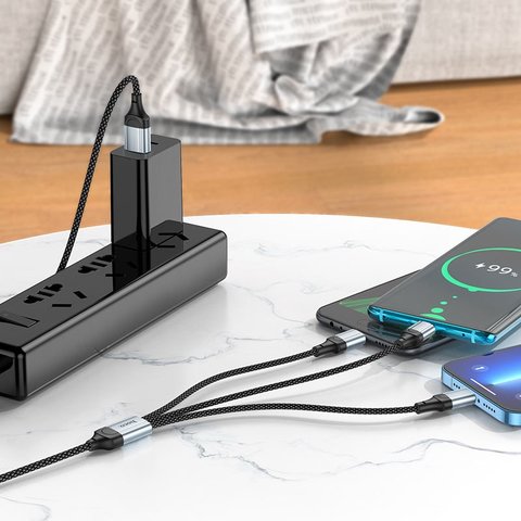 USB кабель Hoco X102, USB тип-C, USB тип-A, micro-USB тип-B, Lightning, 100 см, 2,4 А, черный, в нейлоновой оплетке, 3 в 1, #5942007608794 Превью 3
